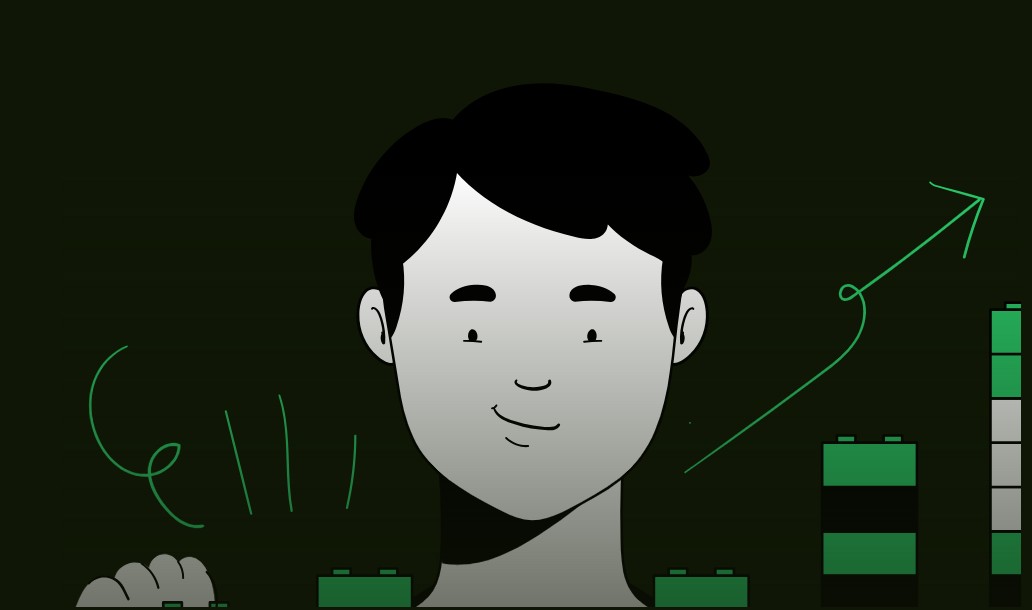 Illustration of a person with black hair and gray face, surrounded by green blocks and a green arrow line on dark background